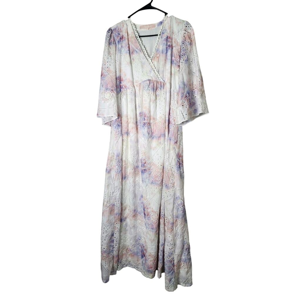Valerie Khalfon Paris Maxi Dress Size 40/ 8 White Pink Purple Eyelet Embroidered